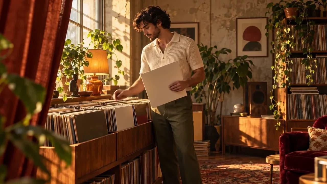 An original record collector browses vinyl in a warm, sunlit room filled with plants and wooden furniture.