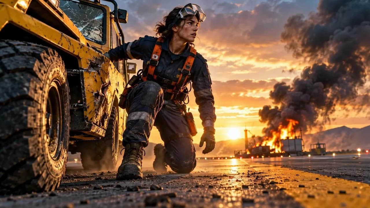 An original rescue worker crouches beside a yellow truck on a runway at sunset, with fire in the distance.