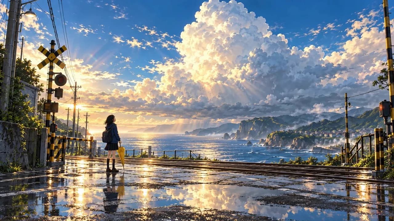 An illustrated traveler stands at a wet seaside railway crossing beneath luminous clouds.