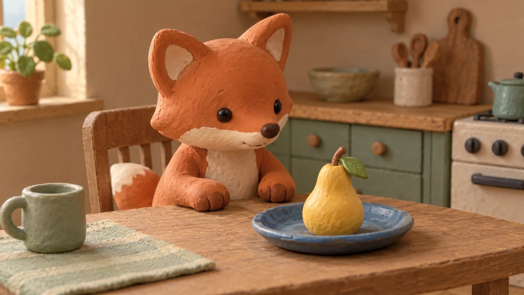 A handmade clay fox sits at a miniature kitchen table facing a pear on a blue plate.