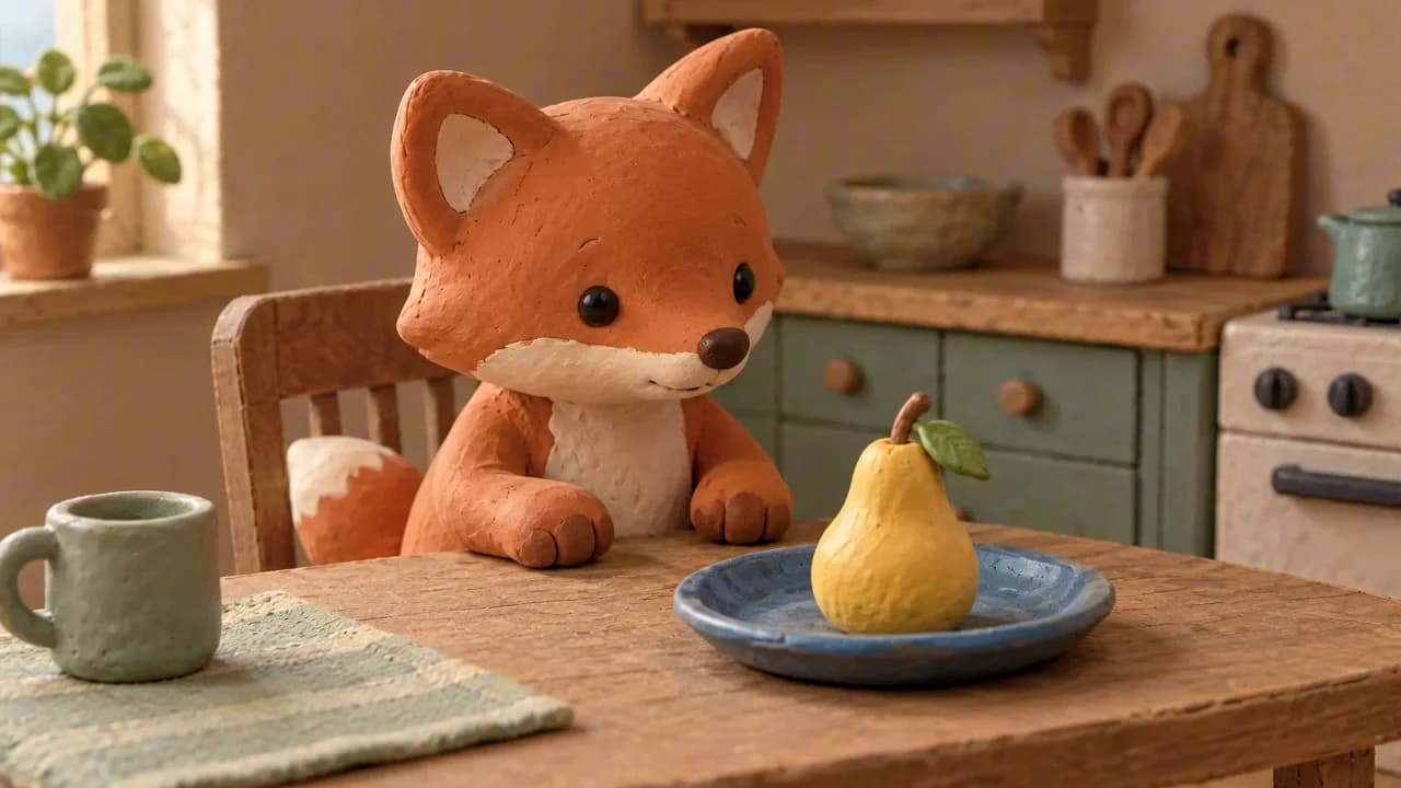A handmade clay fox sits at a miniature kitchen table facing a pear on a blue plate.
