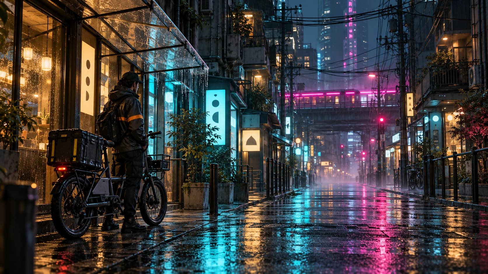 An original bicycle courier shelters beside a cargo bicycle beneath an awning on a neon-lit rainy street.