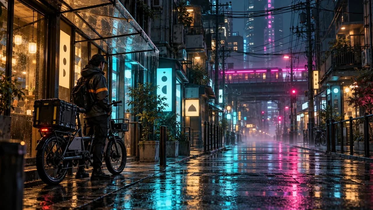 An original bicycle courier shelters beside a cargo bicycle beneath an awning on a neon-lit rainy street.