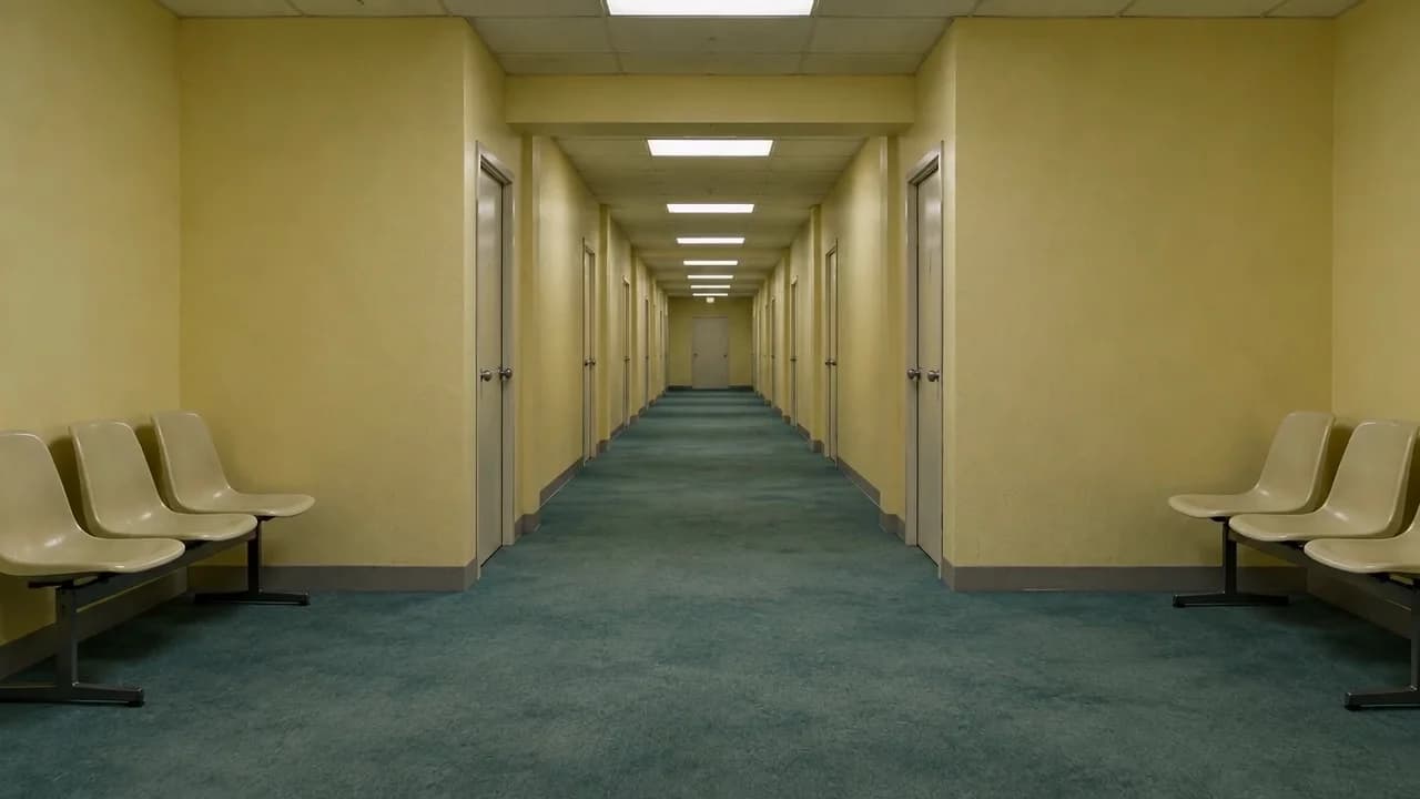 An empty pale-yellow waiting area opens into a repeating corridor with teal carpet and fluorescent lights.
