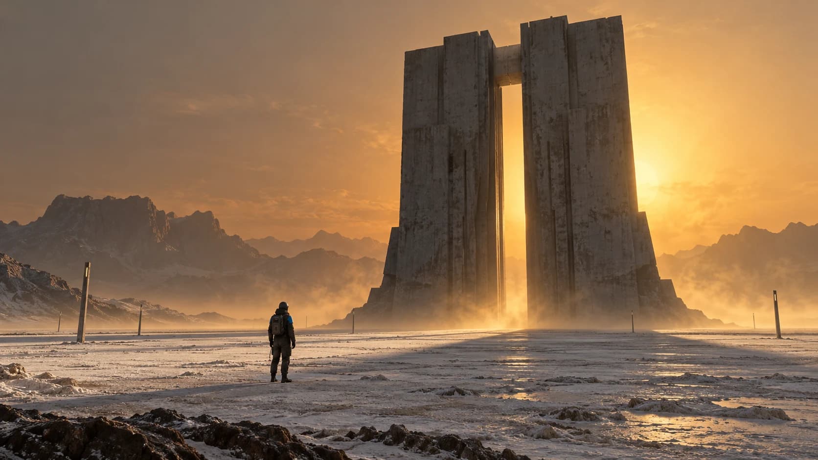 A lone explorer faces an enormous split monolith on a dusty, sunlit alien plain.