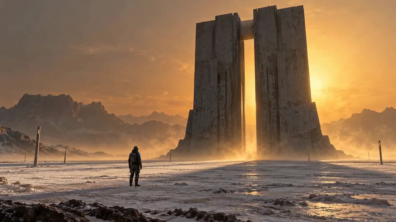 A lone explorer faces an enormous split monolith on a dusty, sunlit alien plain.