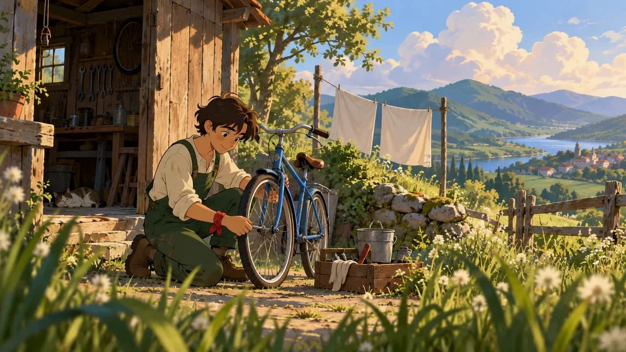 An illustrated young bicycle mechanic works outside a wooden workshop overlooking a green hillside and bay.
