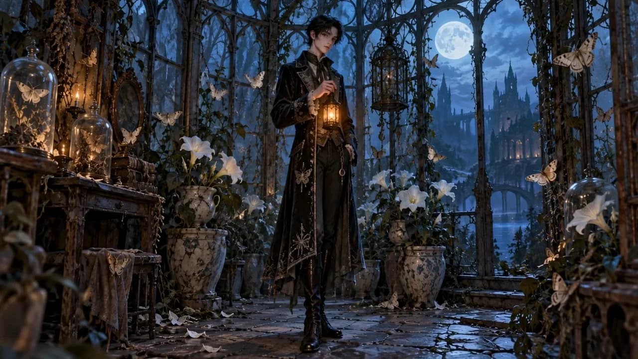 An original moth keeper stands with a lantern inside a moonlit, overgrown glass conservatory.