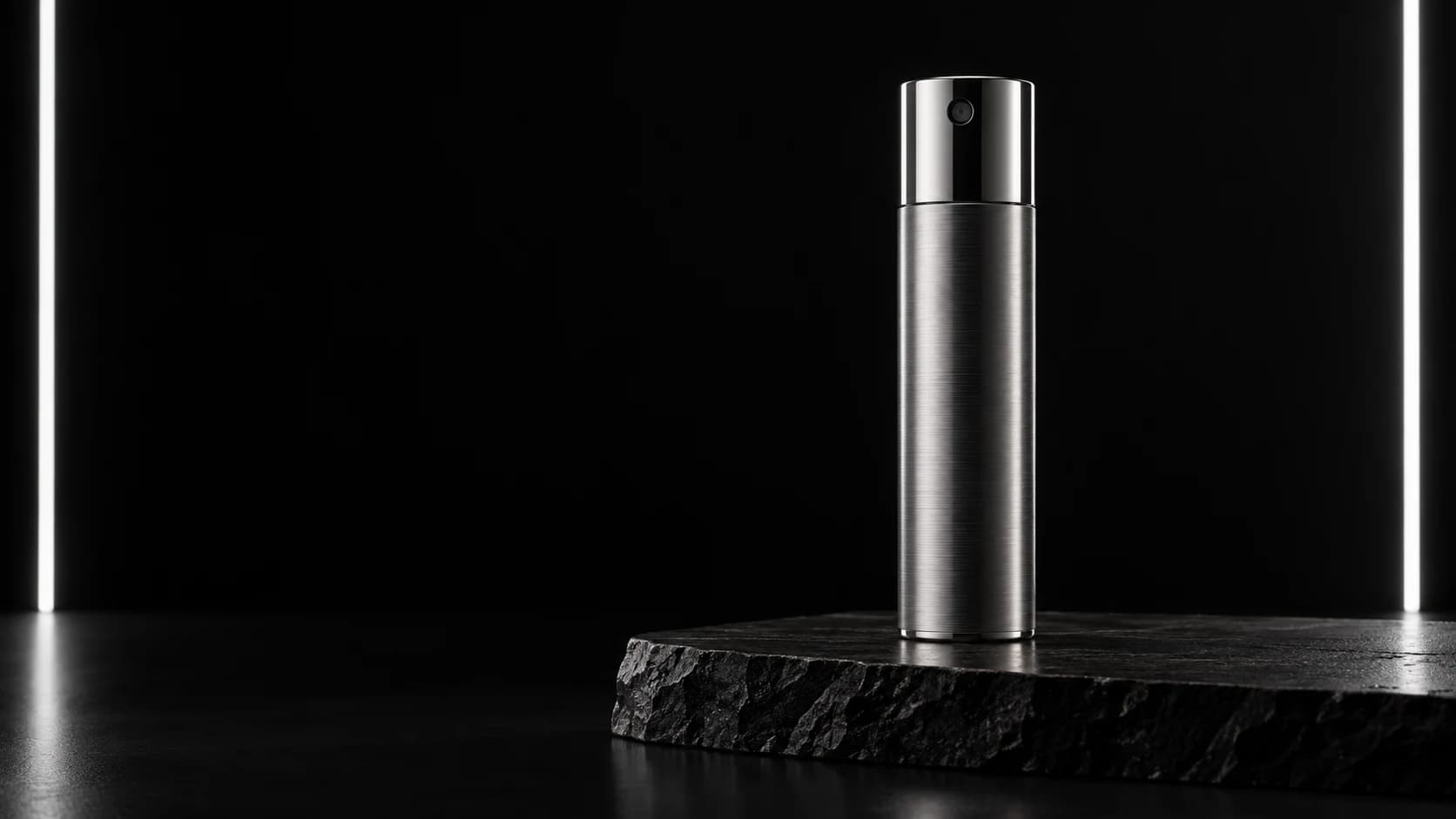 An unbranded brushed-metal atomizer stands on black stone between narrow vertical lights.