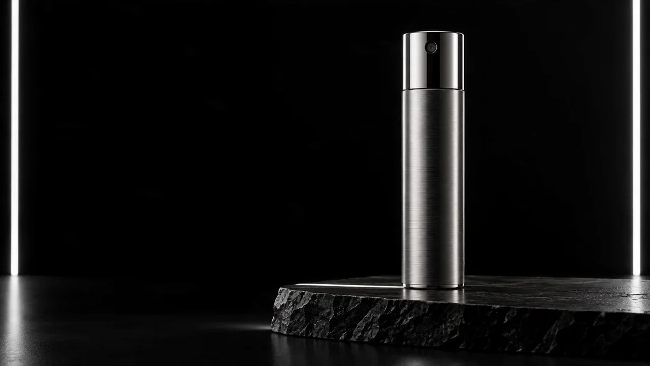 An unbranded brushed-metal atomizer stands on black stone between narrow vertical lights.