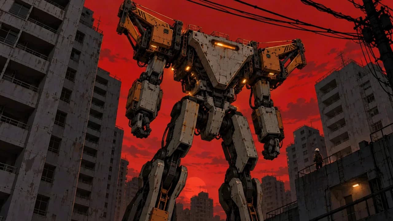 An illustrated industrial rescue robot towers above apartment blocks beneath a red sky.