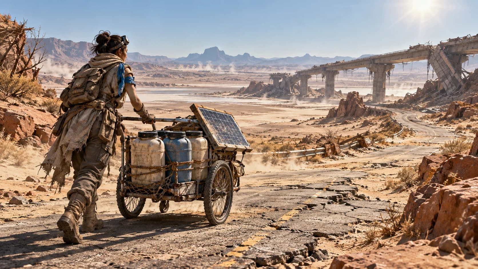 An original traveler pushes a repaired water cart across cracked ground beside a ruined viaduct.