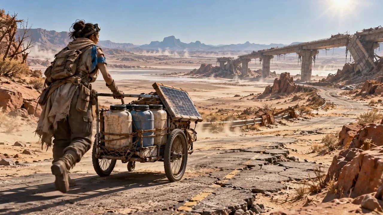 An original traveler pushes a repaired water cart across cracked ground beside a ruined viaduct.