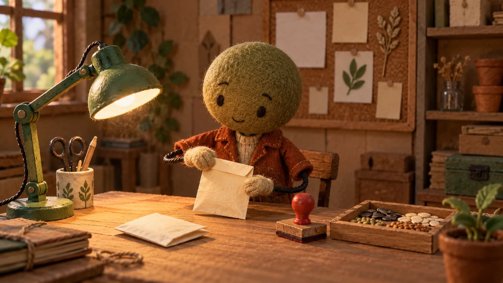 A felt puppet folds a paper envelope at a miniature wooden workbench beneath a green desk lamp.