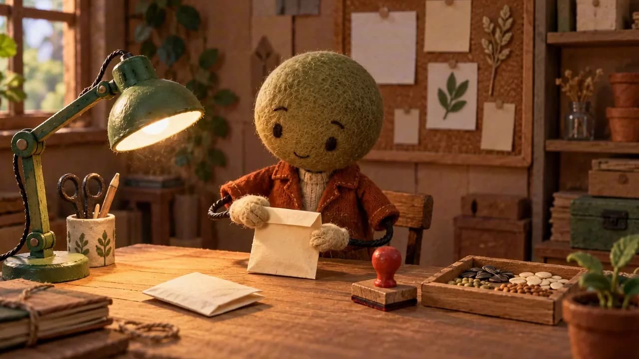 A felt puppet folds a paper envelope at a miniature wooden workbench beneath a green desk lamp.