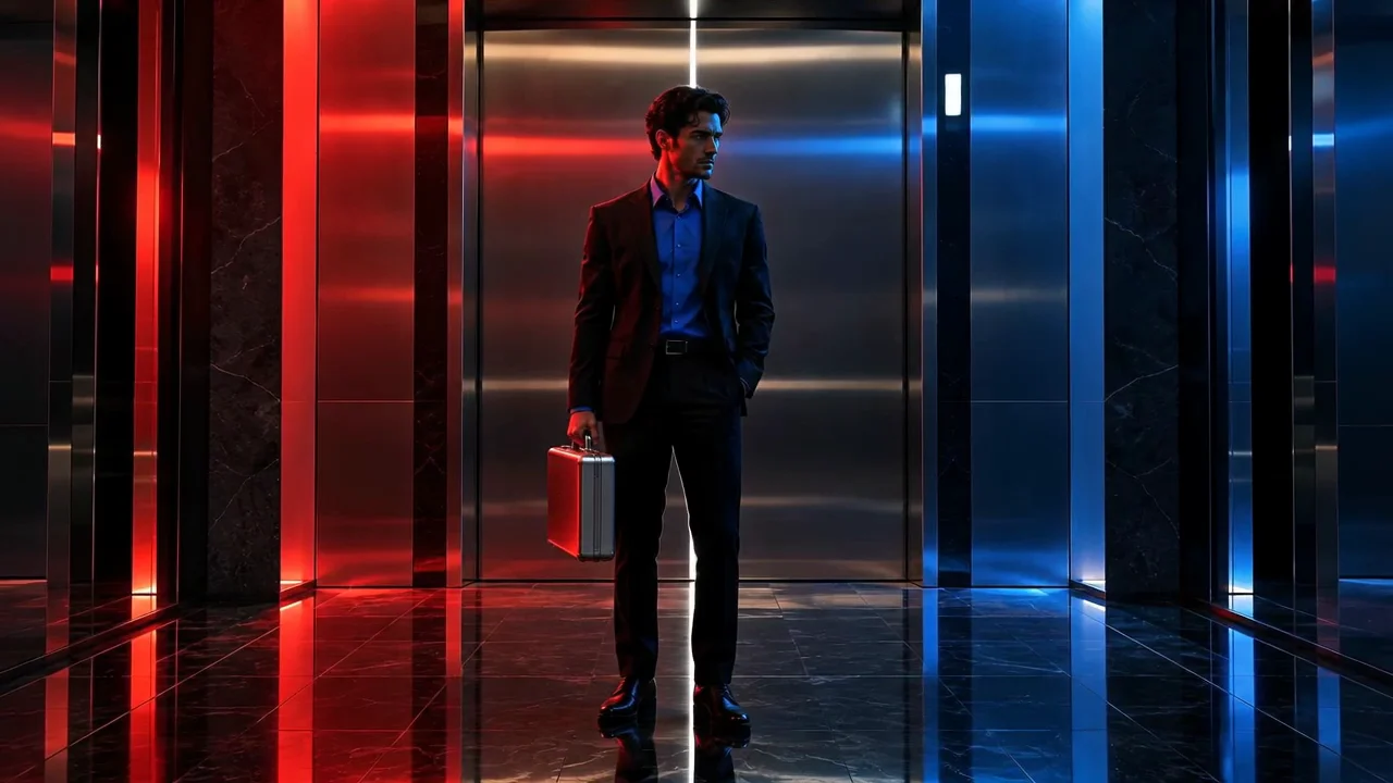 An original figure holding a metal case stands inside a reflective elevator lit by red and blue neon.