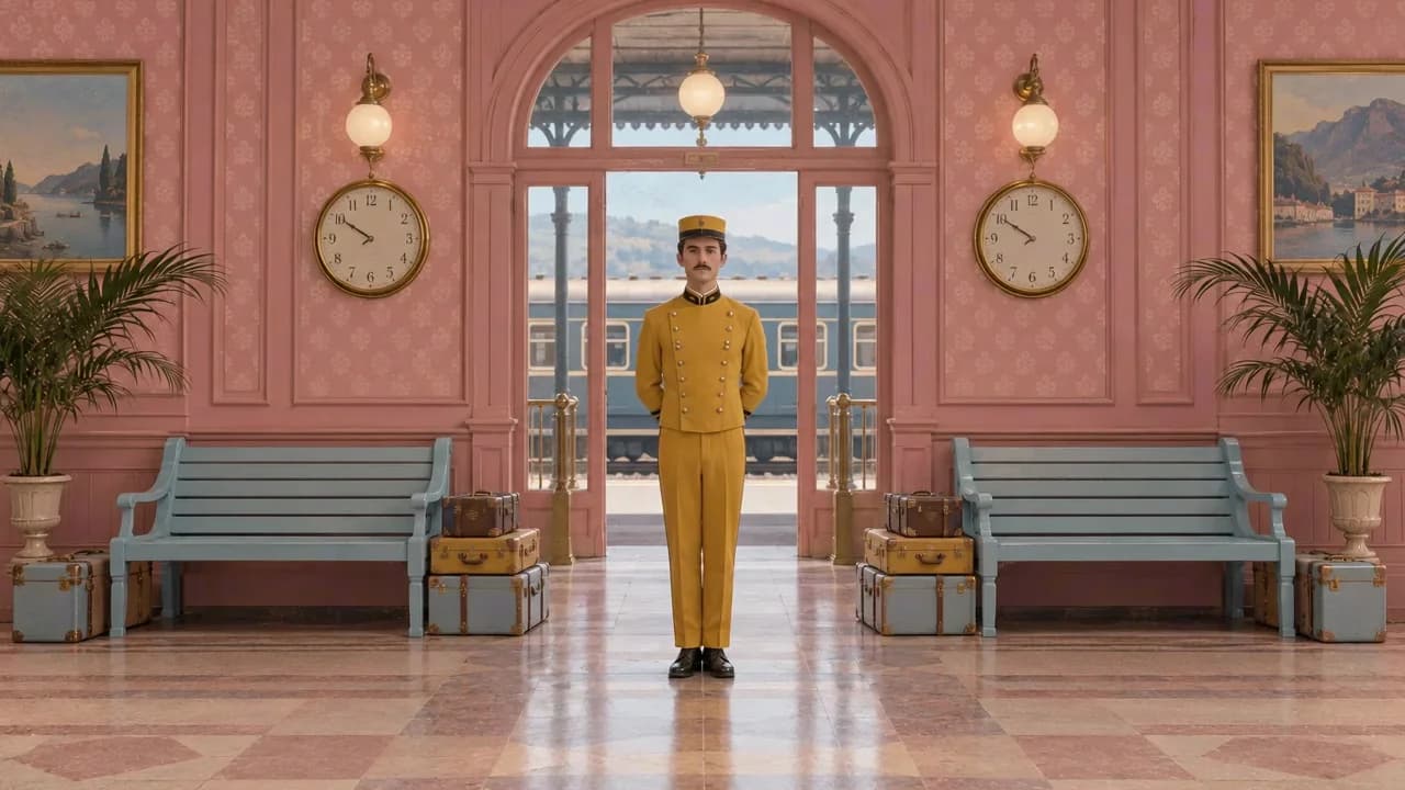 A porter in a mustard uniform centered between blue benches in a symmetrical pink railway waiting room.