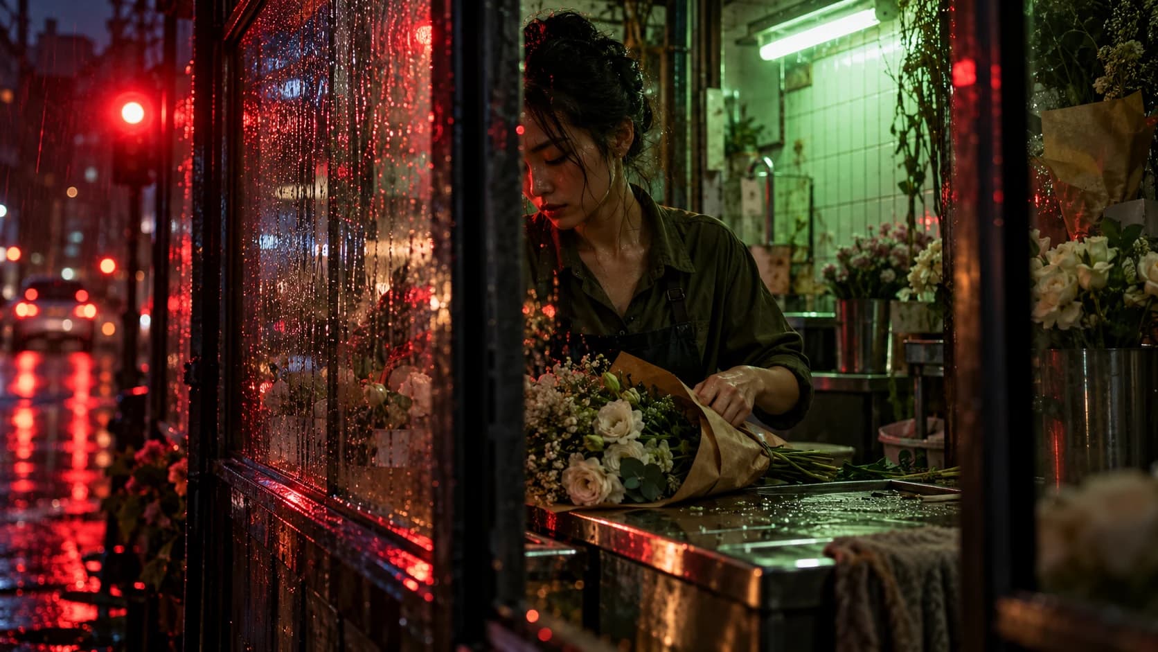 An original florist wraps flowers behind rain-streaked shop glass lit by red and green city lights.