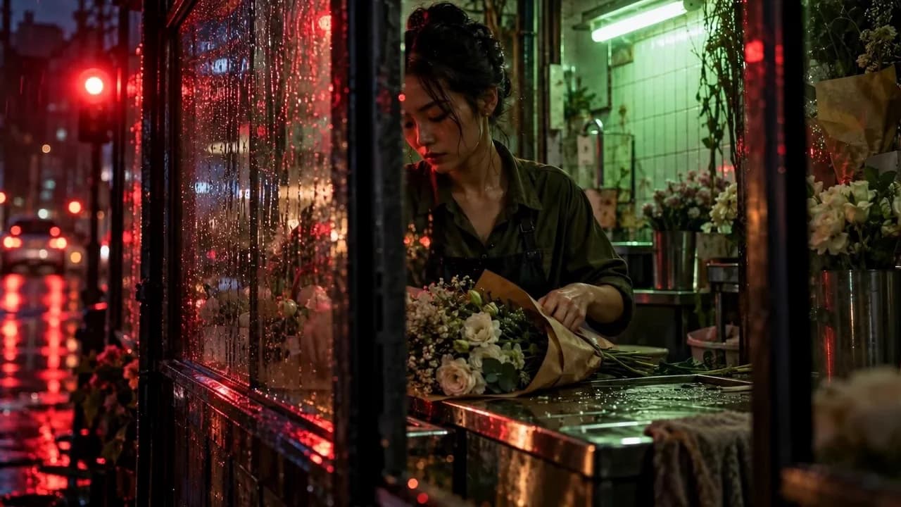 An original florist wraps flowers behind rain-streaked shop glass lit by red and green city lights.