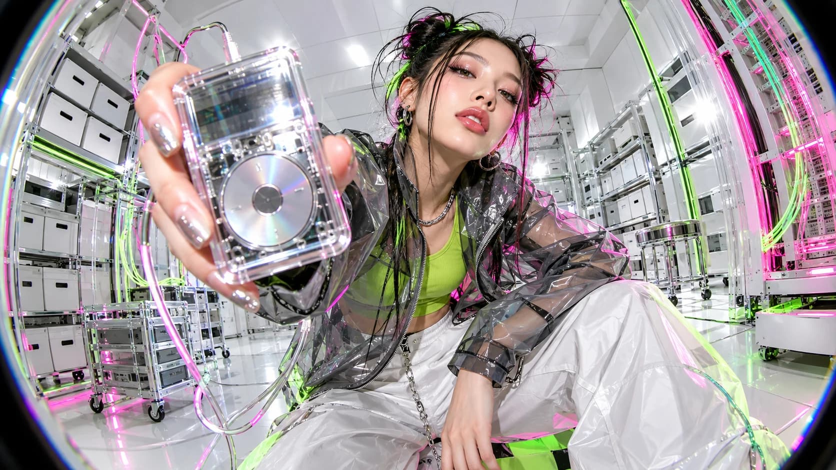 An original performer presents a transparent music player in a fisheye scene with chrome shelving and lime accents.