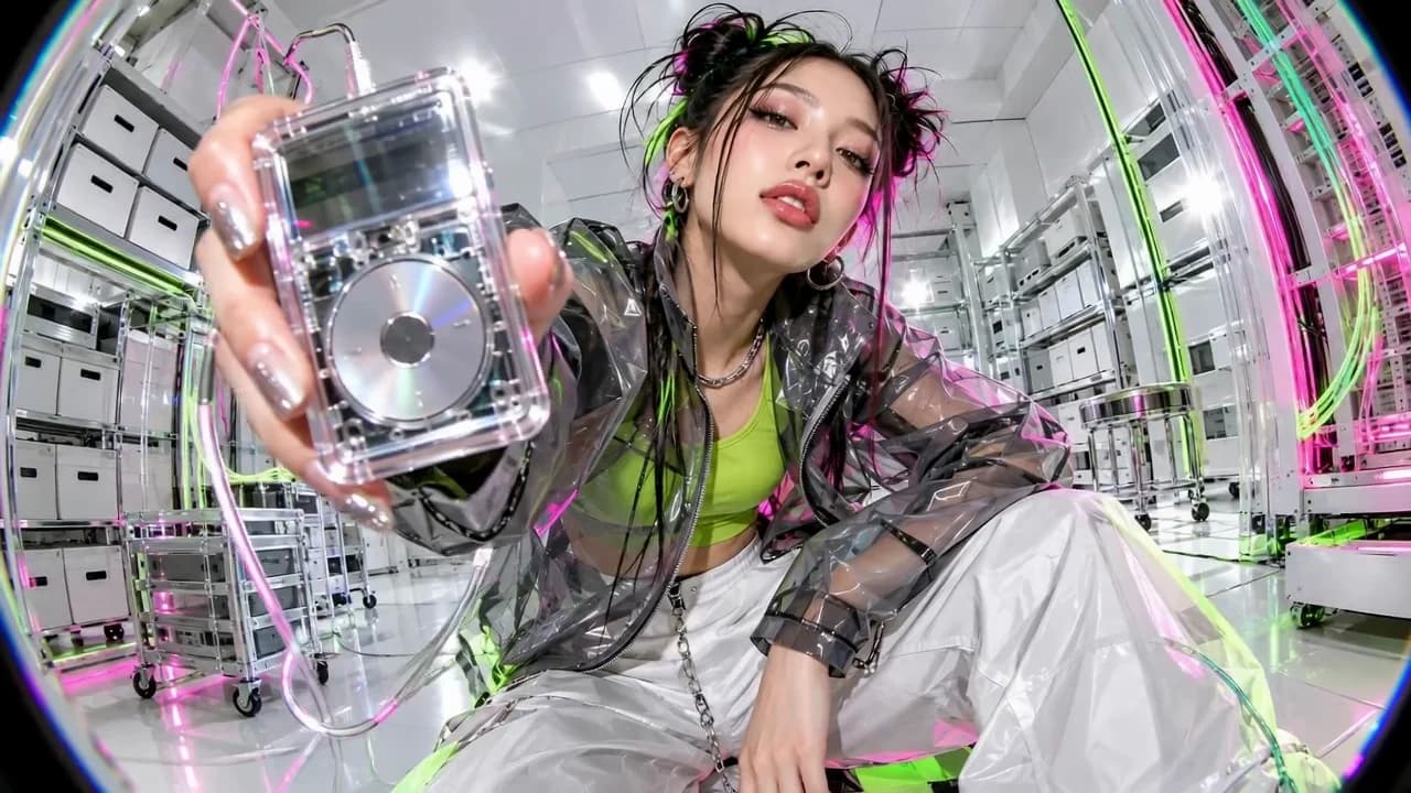An original performer presents a transparent music player in a fisheye scene with chrome shelving and lime accents.
