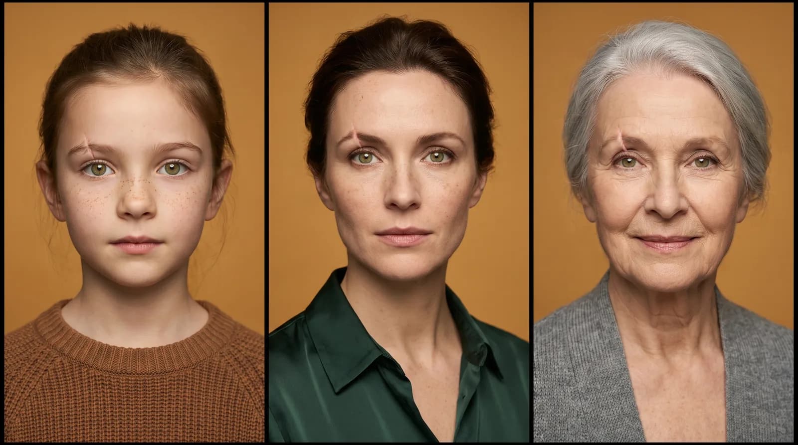 Three studio portraits of the same AI-generated person as a child, an adult and an elder, with the same green eyes and eyebrow scar in every panel