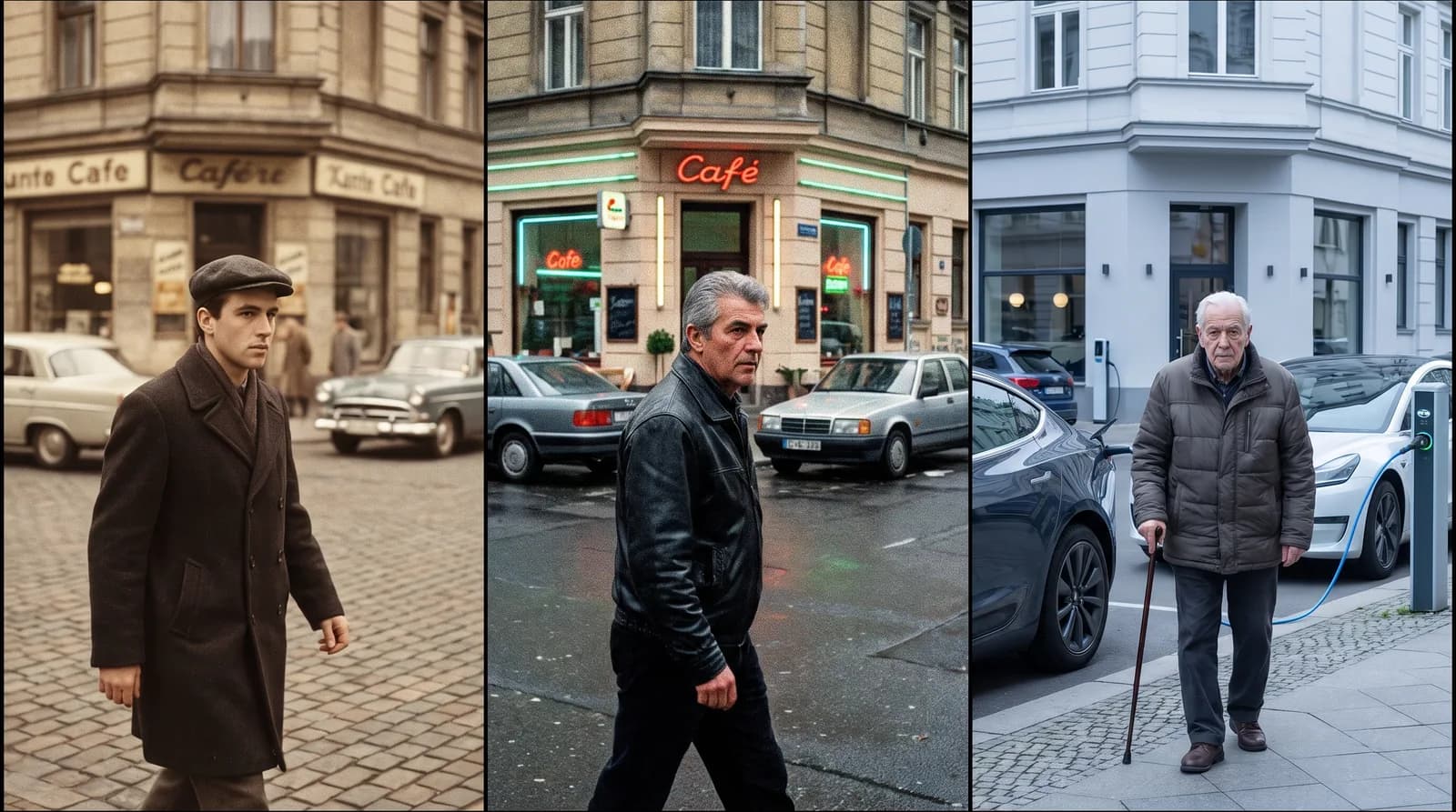 The same AI-generated man walking past the same street corner in three eras, aging from his 20s to his 80s as the cars and storefronts change around him