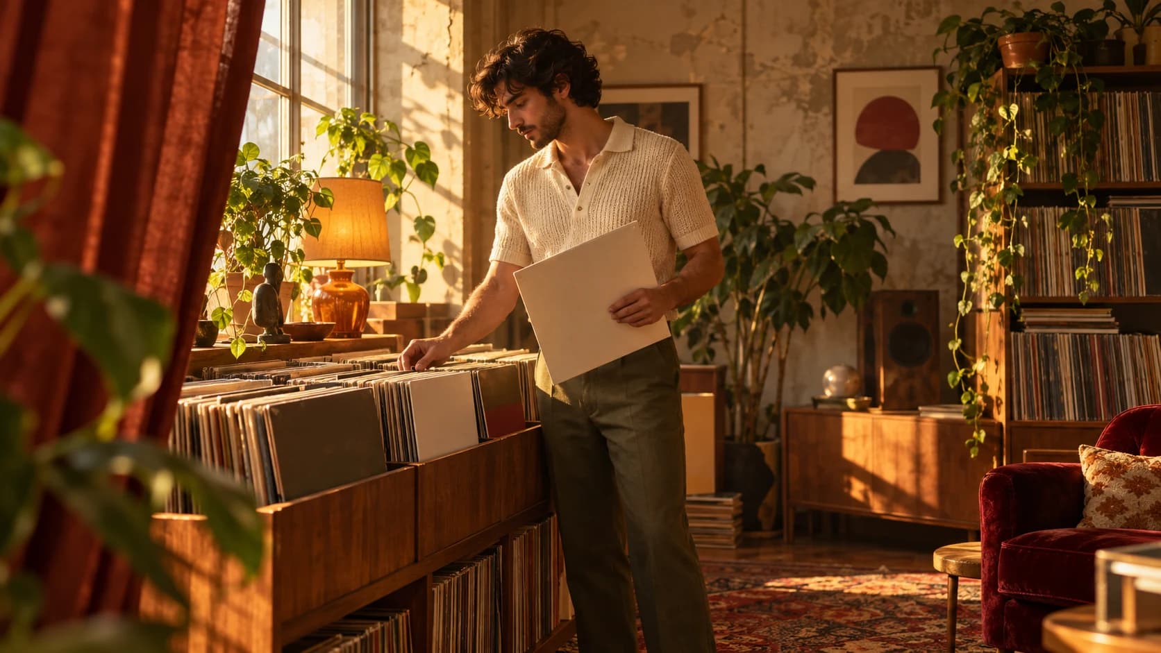 An original record collector browses vinyl in a warm, sunlit room filled with plants and wooden furniture.