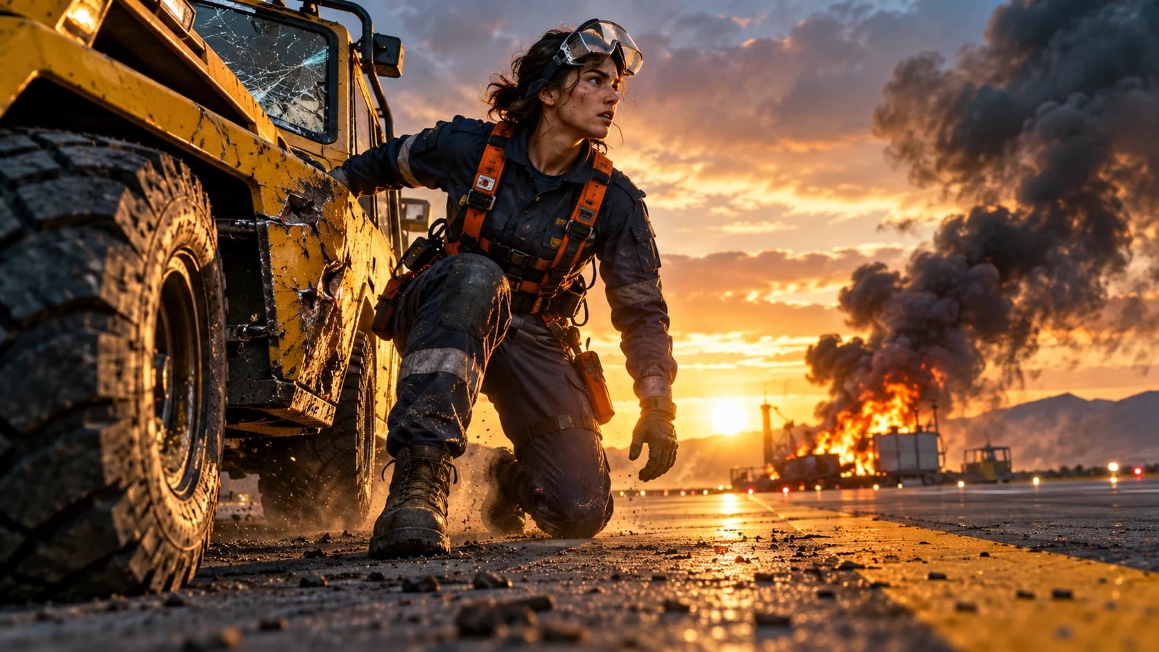An original rescue worker crouches beside a yellow truck on a runway at sunset, with fire in the distance.