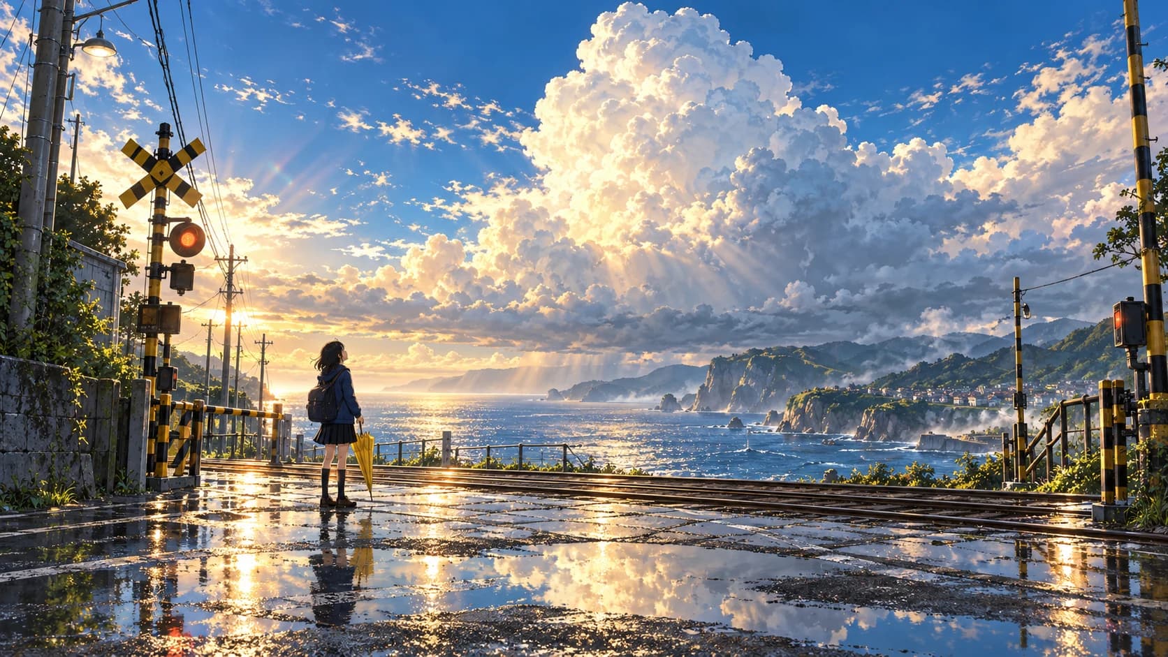 An illustrated traveler stands at a wet seaside railway crossing beneath luminous clouds.