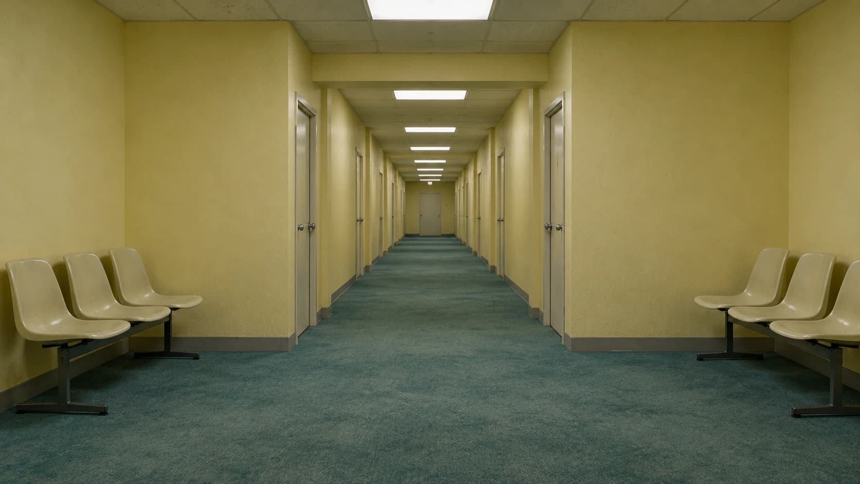 An empty pale-yellow waiting area opens into a repeating corridor with teal carpet and fluorescent lights.