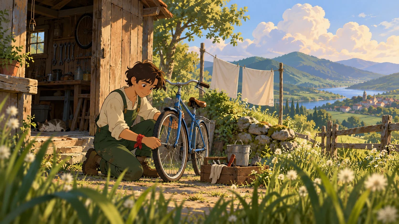 An illustrated young bicycle mechanic works outside a wooden workshop overlooking a green hillside and bay.