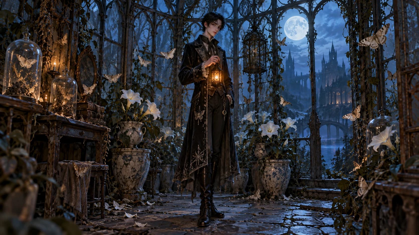 An original moth keeper stands with a lantern inside a moonlit, overgrown glass conservatory.
