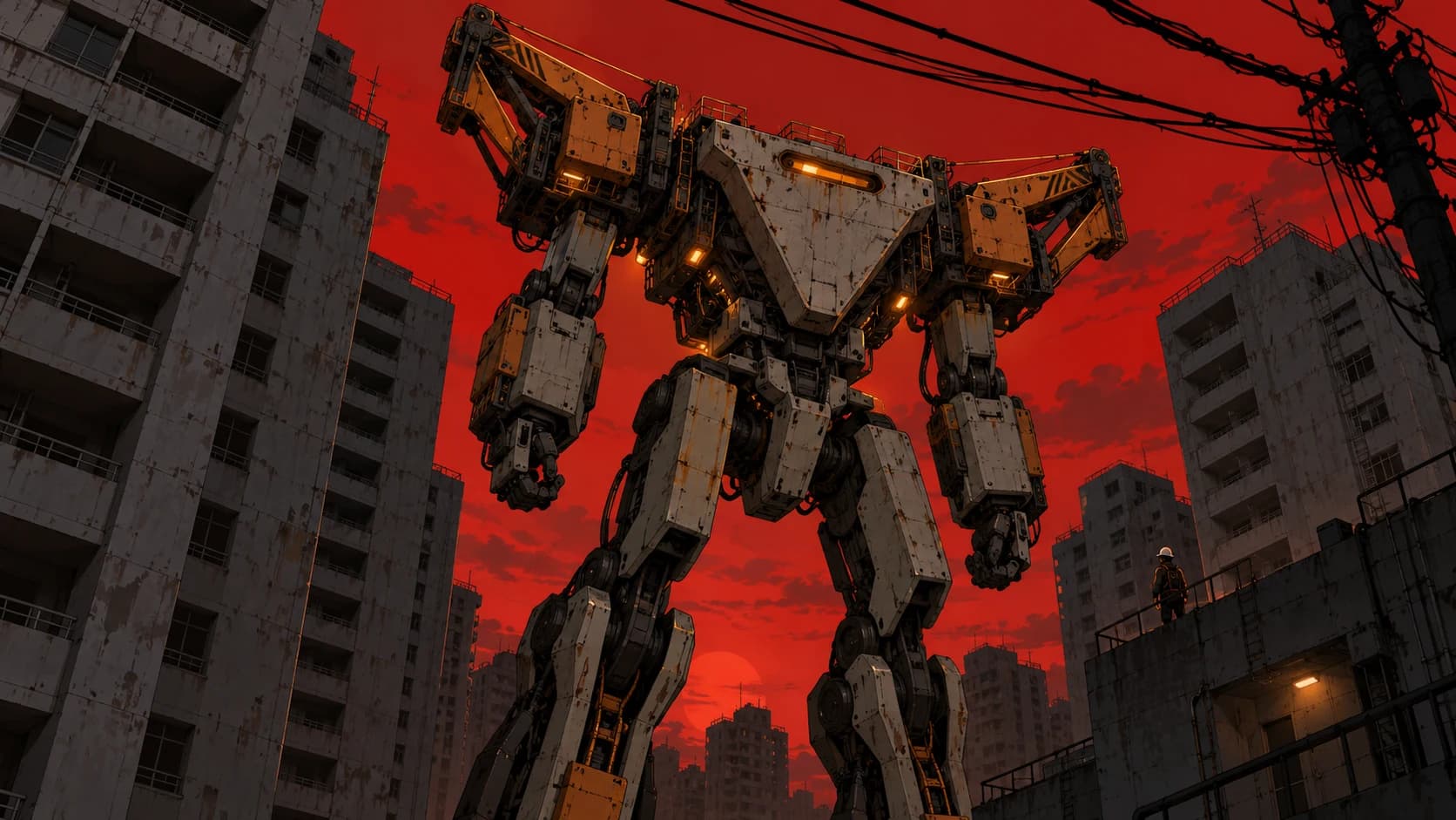 An illustrated industrial rescue robot towers above apartment blocks beneath a red sky.