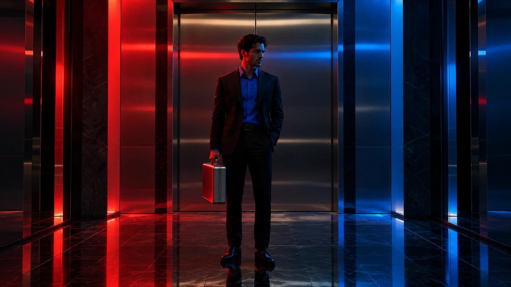 An original figure holding a metal case stands inside a reflective elevator lit by red and blue neon.