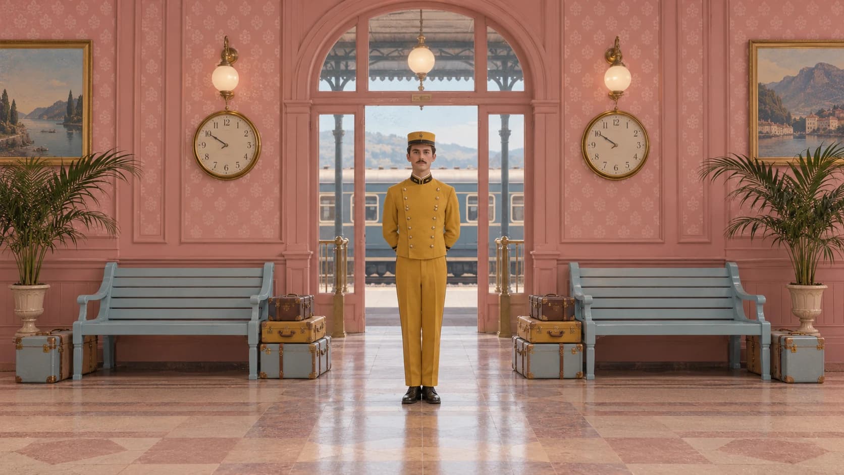 A porter in a mustard uniform centered between blue benches in a symmetrical pink railway waiting room.