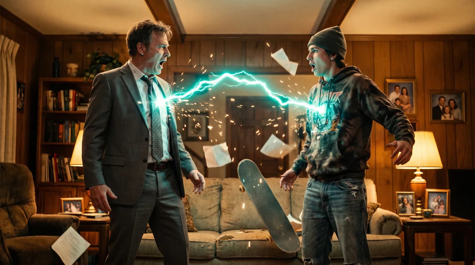 A businessman in a grey suit and a teenage skater in a hoodie facing each other as an arc of teal energy passes between them in a living room, papers and a skateboard flying