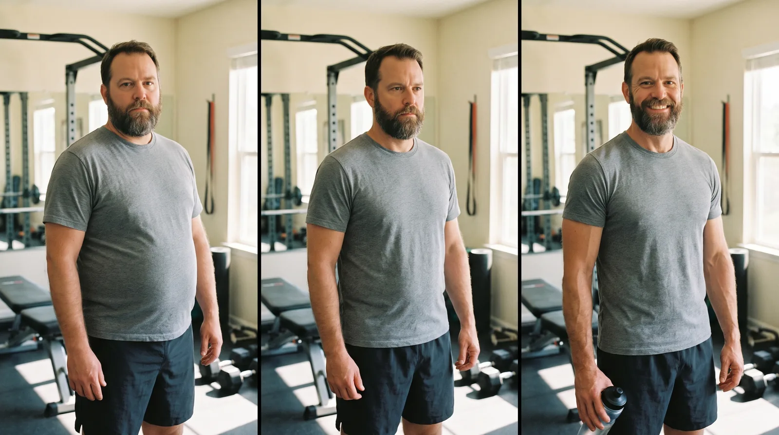 Three-panel sequence of the same AI-generated bearded man in the same grey t-shirt going from heavyset to mid-transformation to athletic in a bright home gym