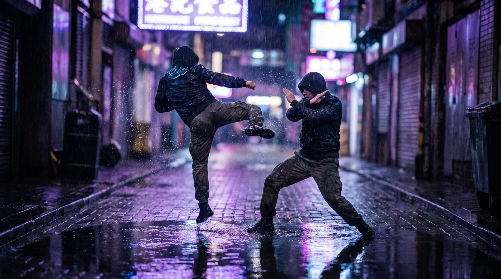 Cinematic still of two AI-generated stunt performers frozen mid-choreography in a rainy neon-lit alley, one mid spin-kick, the other blocking