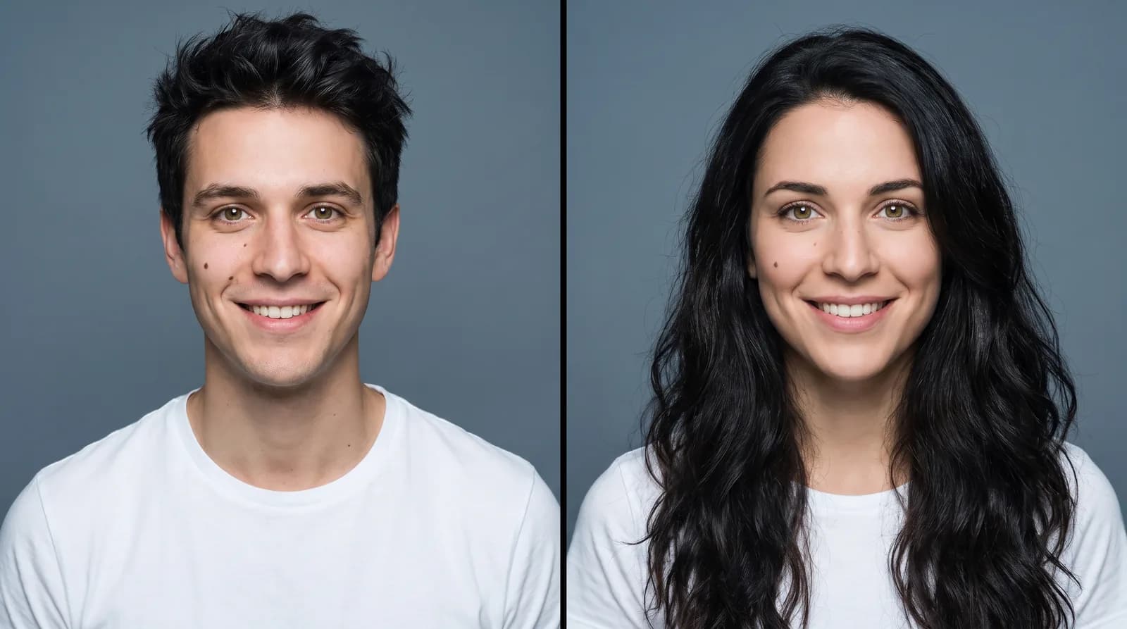 Split-screen portrait of the same AI-generated character as a man and as a woman, sharing the same hazel eyes, cheek mole, white t-shirt and smile