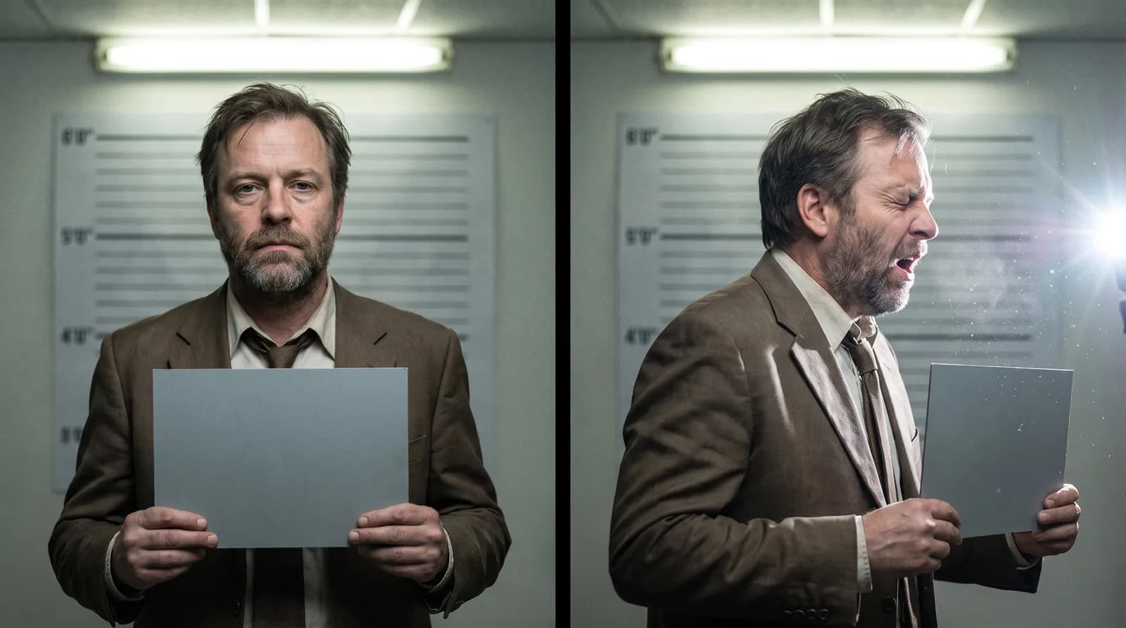 Two-panel mugshot of the same AI-generated scruffy man in a rumpled suit holding a blank placard, front view deadpan and profile view mid-sneeze