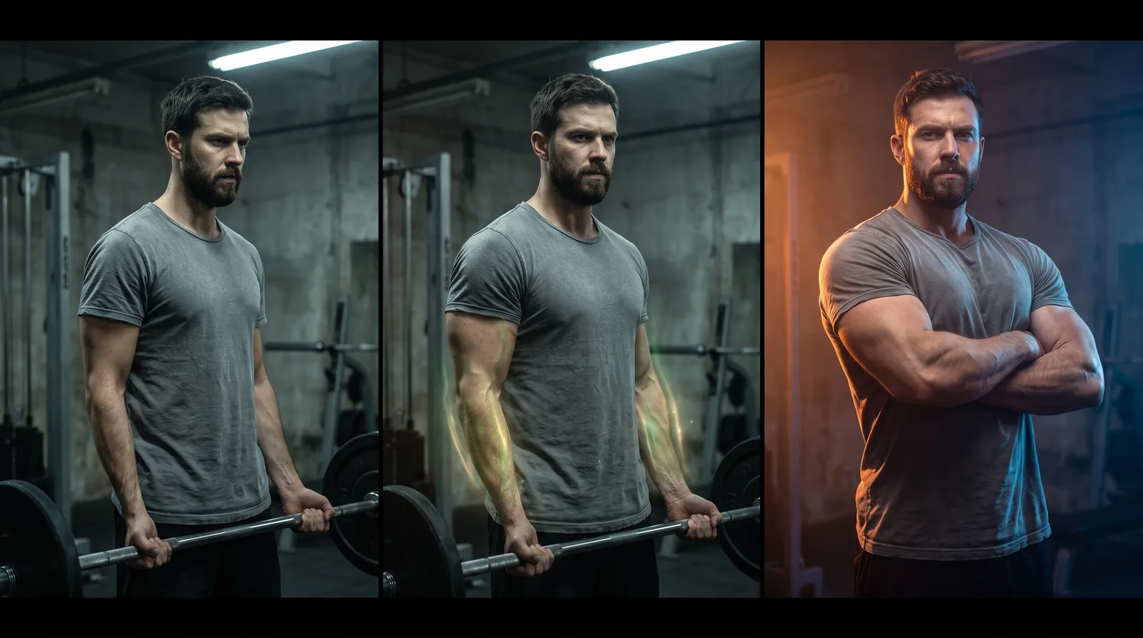 Three-panel sequence of the same AI-generated man in the same grey t-shirt going from lean to visibly muscular to heroically built, shirt on in every panel