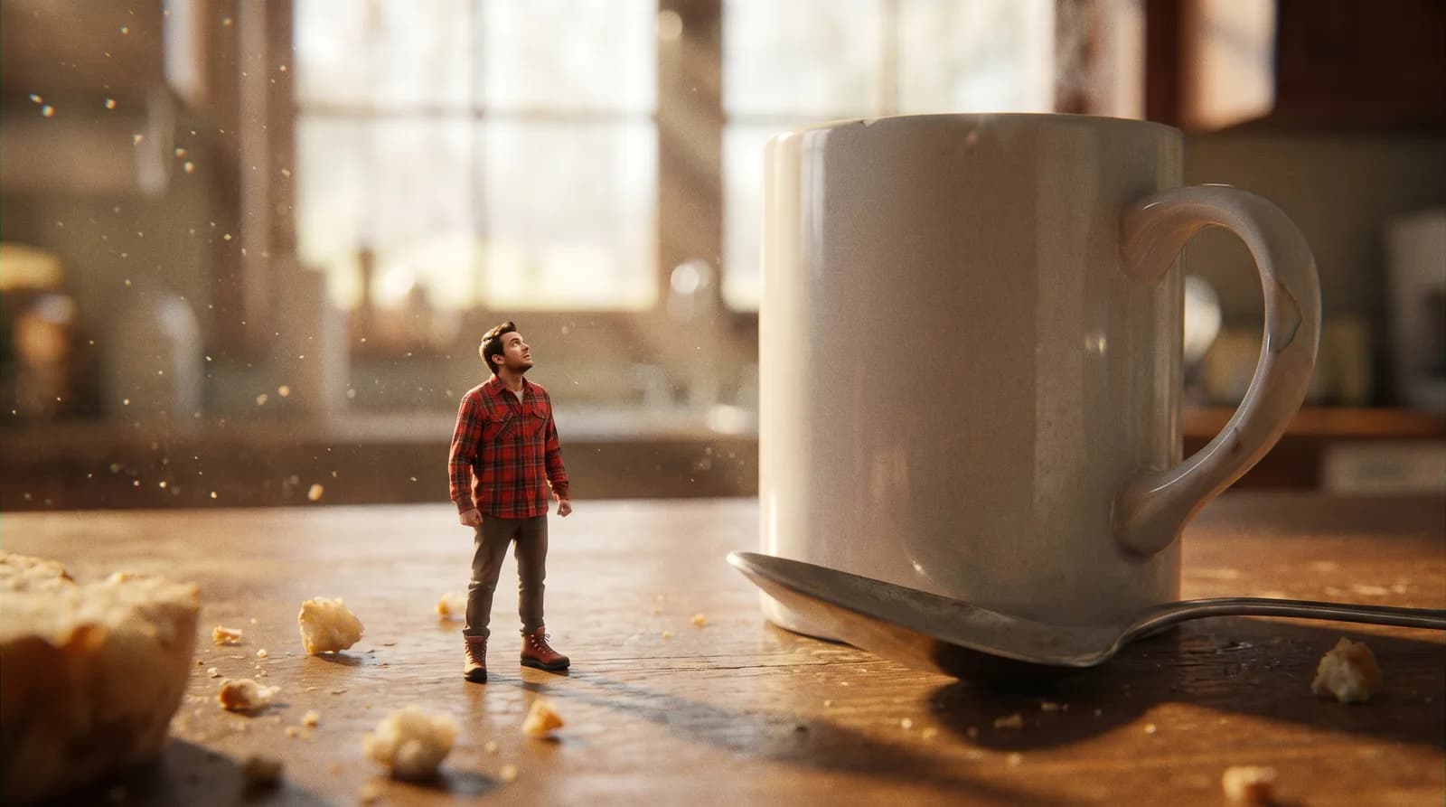 A tiny AI-generated man in a flannel shirt standing on a kitchen table, dwarfed by a towering coffee mug and a giant spoon