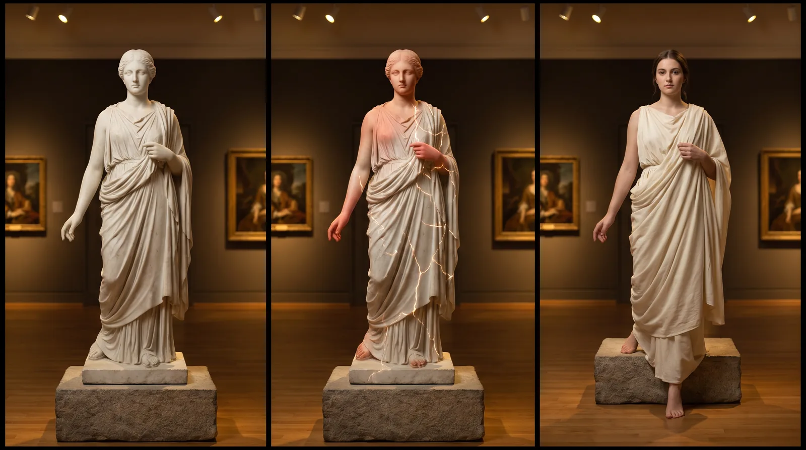Three-panel statue-to-life sequence: a marble statue of a woman in a museum gallery, living color spreading up her arm mid-transformation, then the living woman stepping off the pedestal
