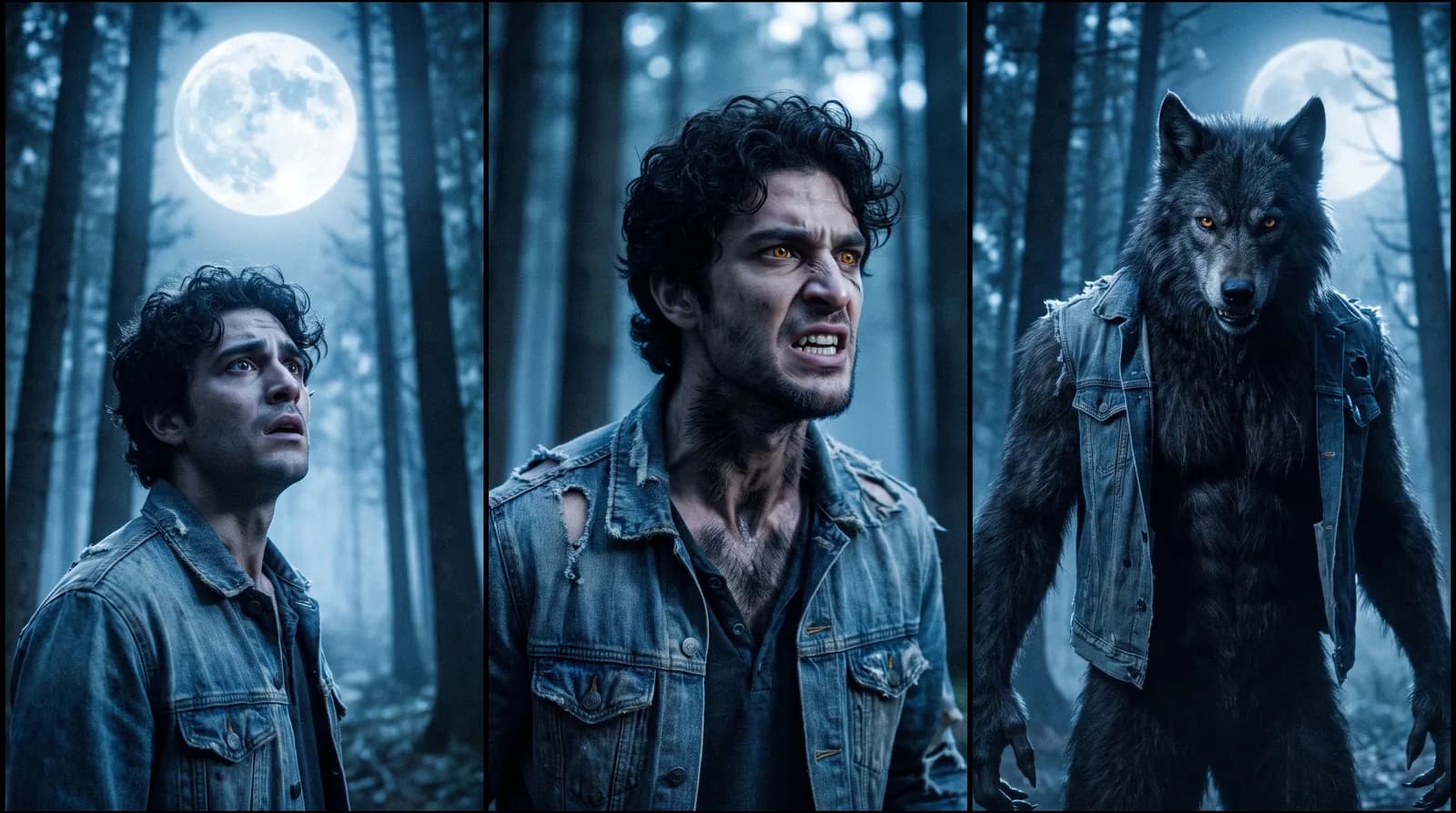 Three-panel werewolf transformation sequence: the same AI-generated man fully human under a full moon, mid-change with amber eyes and a tearing denim jacket, then fully transformed werewolf in the torn jacket
