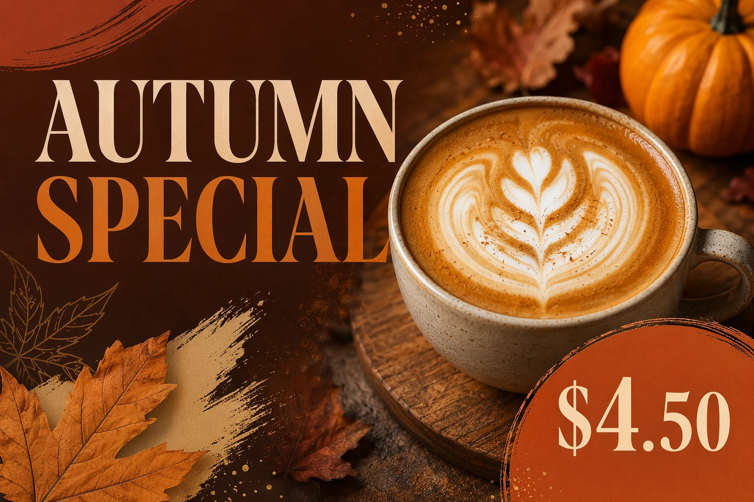 동일한 카페 프로모션 크리에이티브를 16:9 비율로 출력 — LinkedIn / 배너 형식