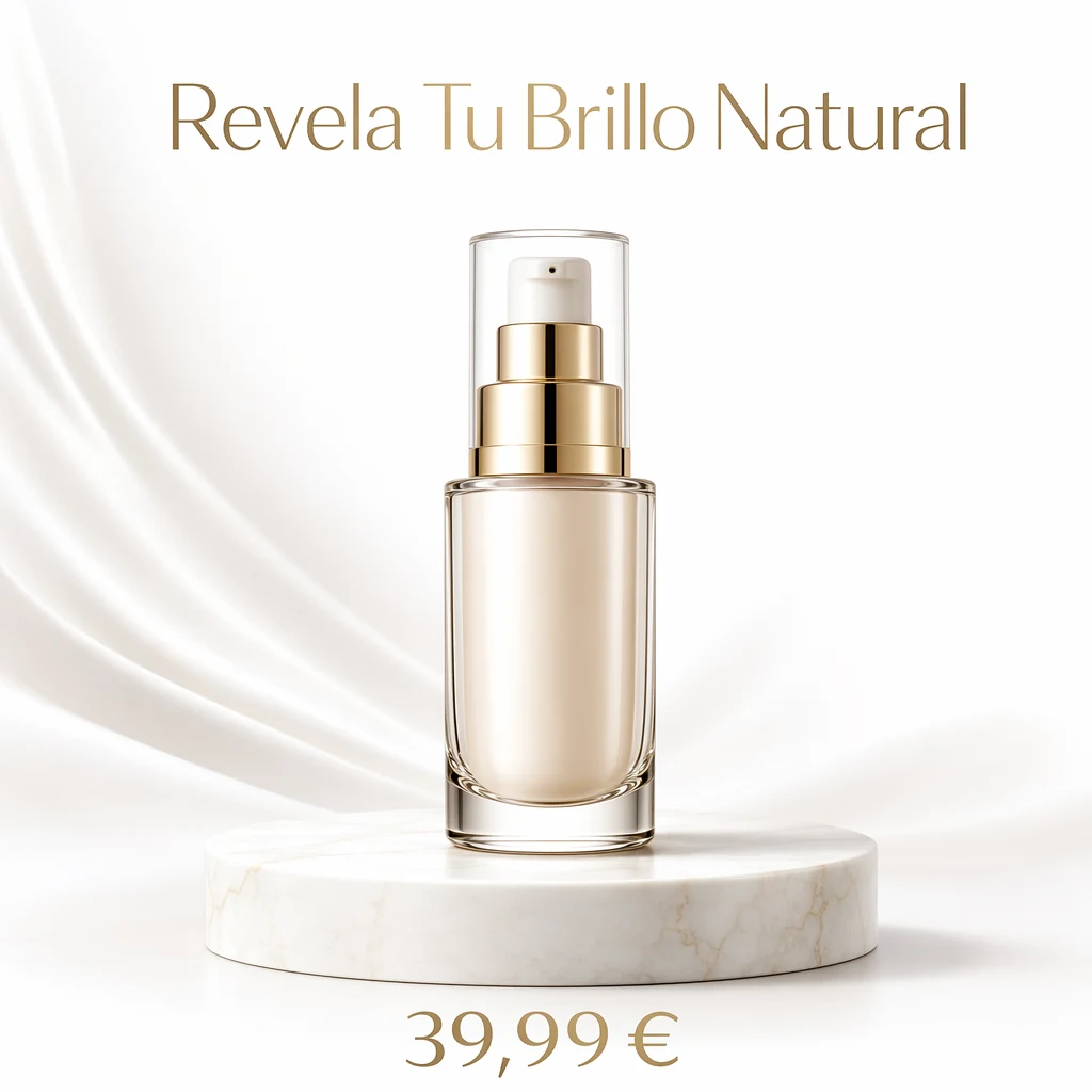 동일한 스킨케어 광고 — 스페인어 버전 헤드라인 "Revela Tu Brillo Natural"