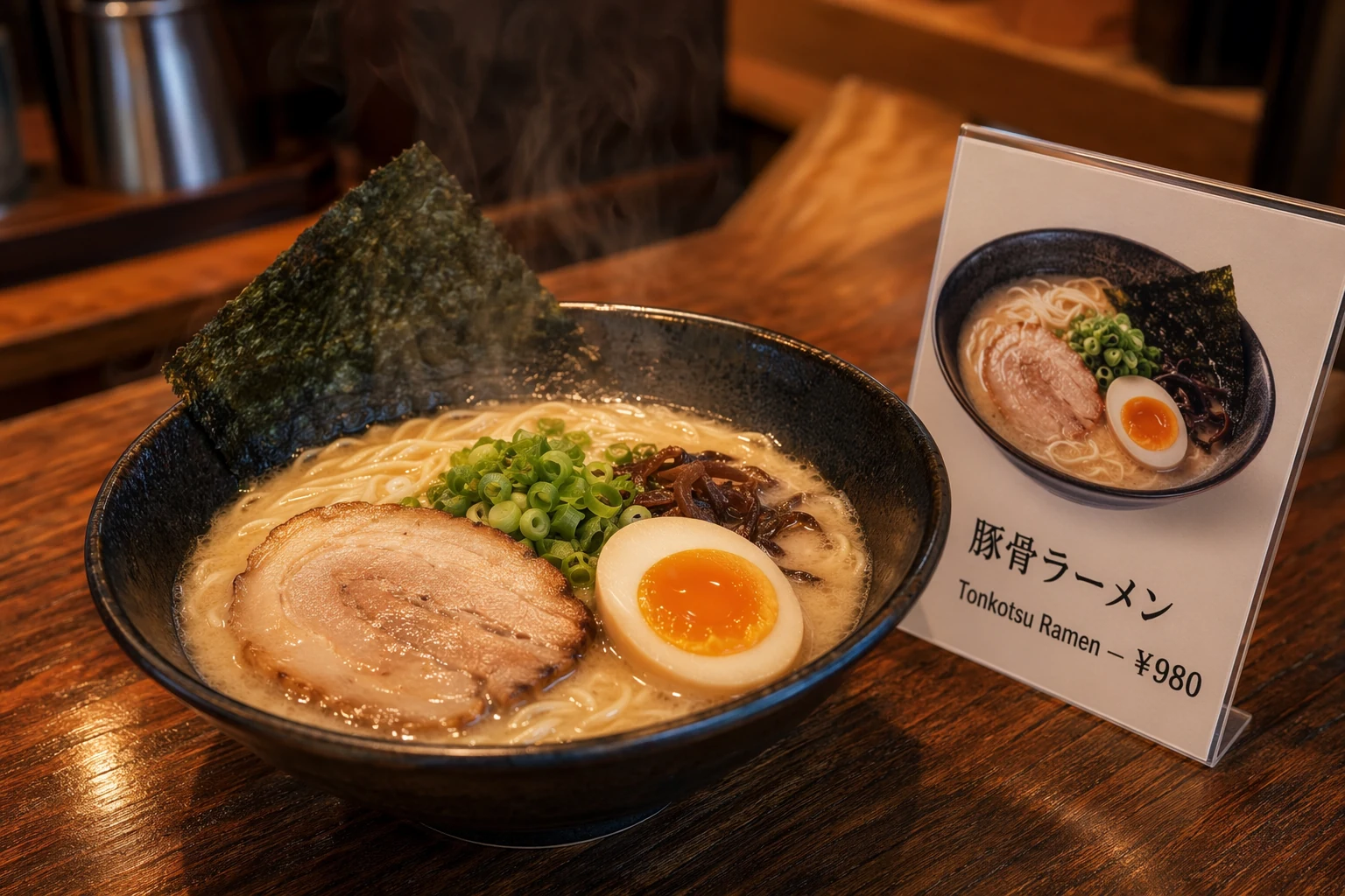 일본 라멘 가게 메뉴 음식 사진 — 한자, 엔화 가격, 영어 번역 모두 정확하게 렌더링