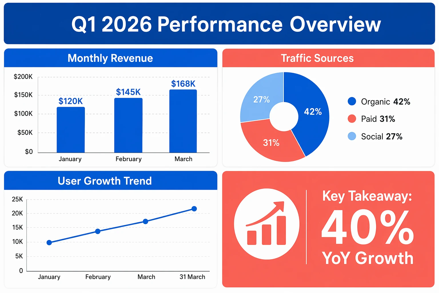"Q1 2026 Performance Overview" 인포그래픽 — 막대그래프, 도넛, 꺾은선 그래프, 핵심 요약을 한 번에 생성