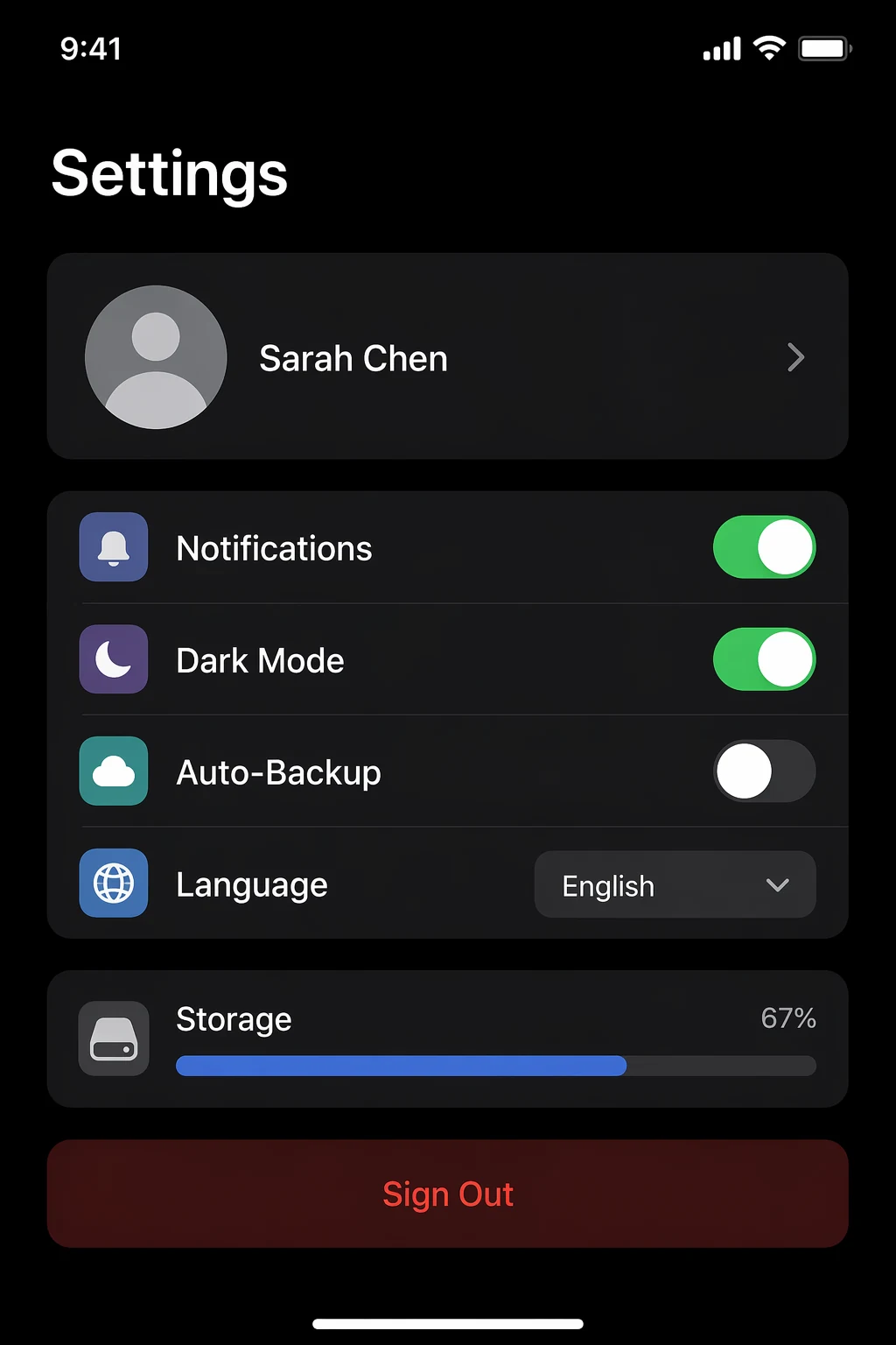 GPT-Image-2 iOS settings UI output — labels clear, toggle states correct, sensible contrast